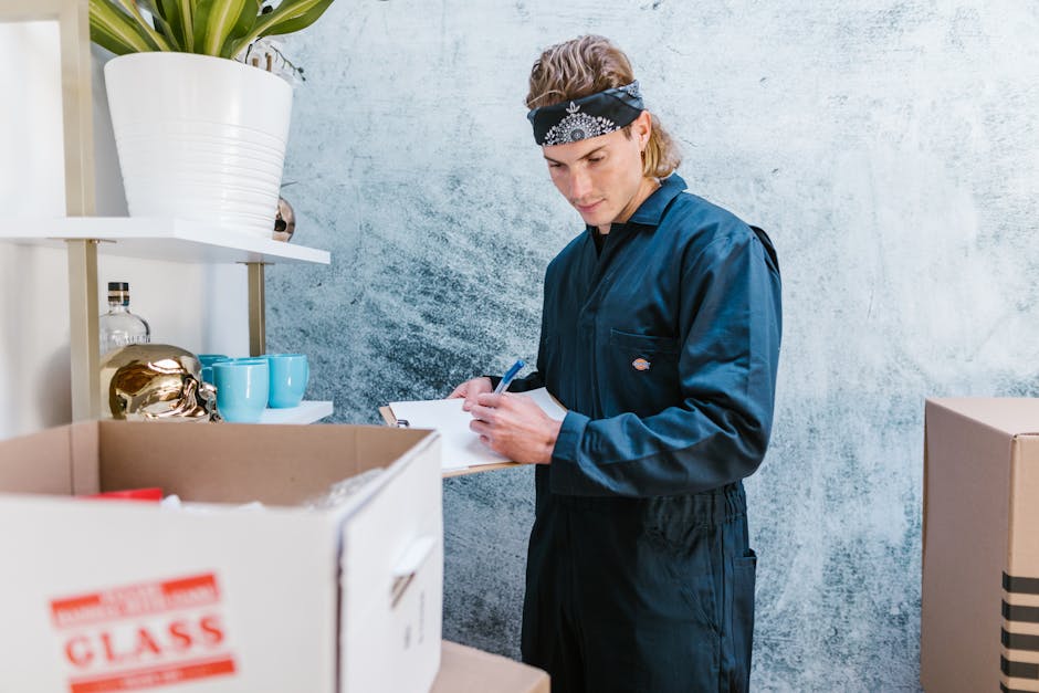 A man in a dark blue uniform, wearing a black bandana with white pattern, is inside a room with a textured, light-colored wall. He is holding a clipboard and pen, appearing to take notes or make an in
